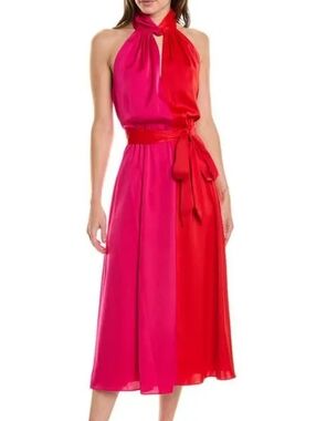 NWT Anne Klein Satin Pink & Red Colorblock Twist Neck Belted Midi Dress